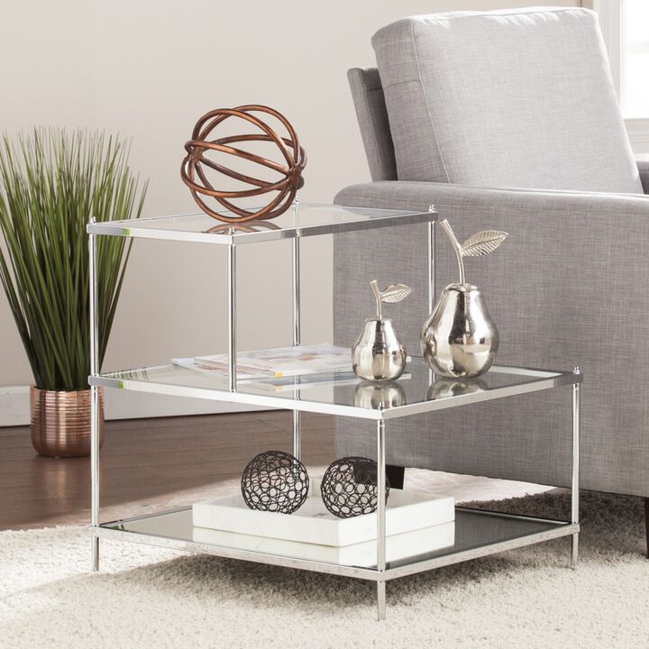 24"" Silver And Clear Glass Tiered Rectangular End Table