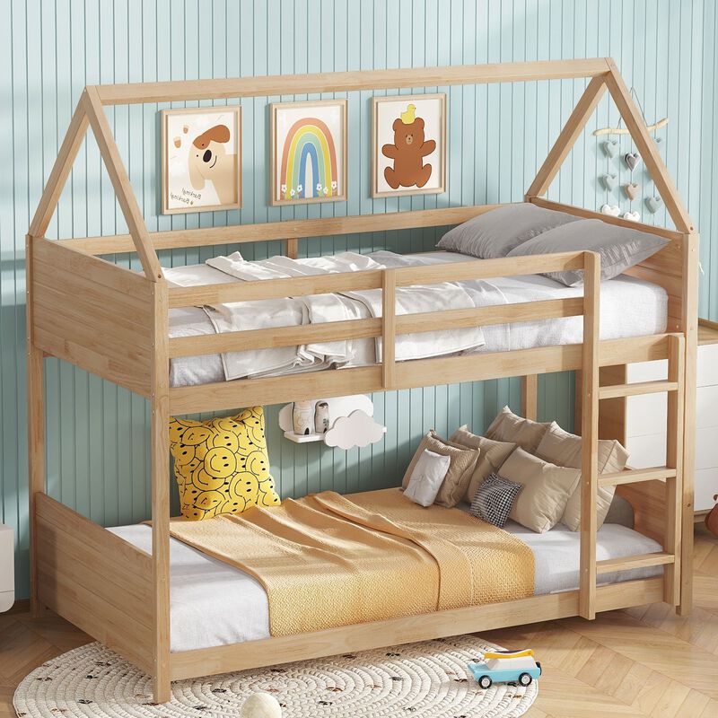 Whisen Twin Over Twin House Floor Bunk Bed with Headboards, Footboards, Guardrails and Ladder