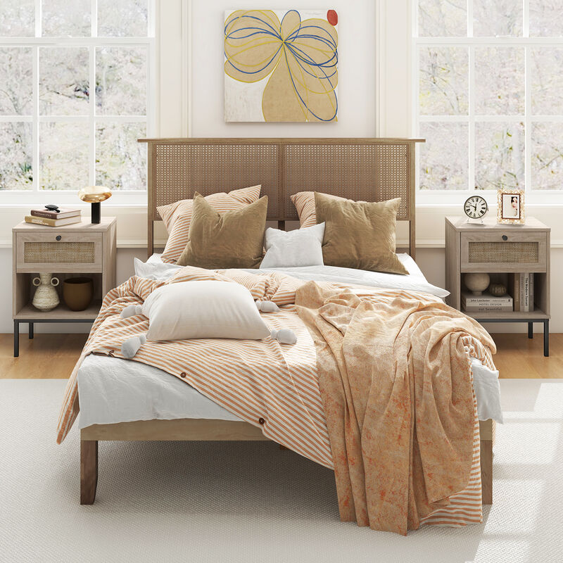 Rattan Nightstand End Table with Rattan Drawer and Open Shelf Set of 2