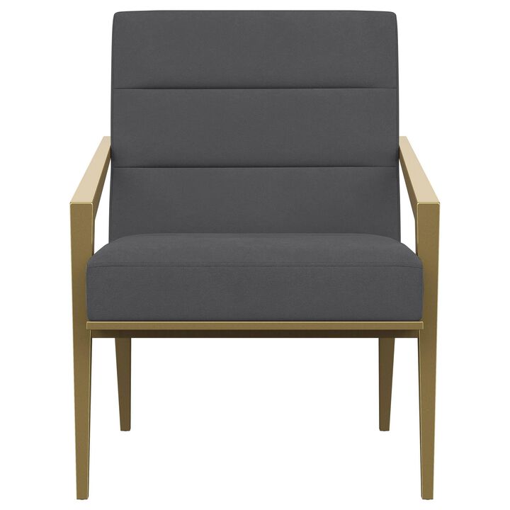 Kiara Accent Chair, Channel Tufted Dark Gray Fabric, Gold Metal Frame