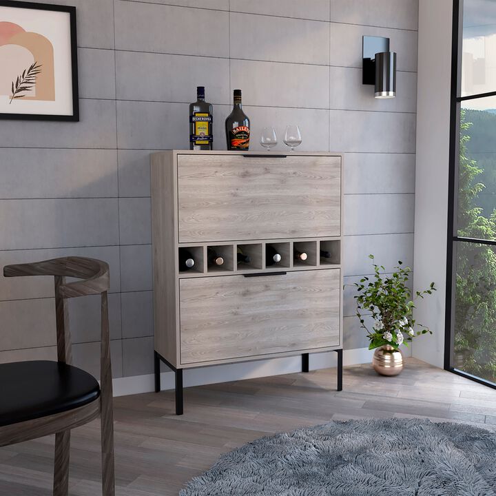 Lyrata Bar Cabinet,  Six Built-in Wine Rack, Double Door -Light Gray