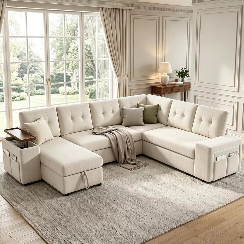 Vipbear 112" U-Shaped 7-Seat Modular Chenille Sectional Sleeper Sofa, Pull Out Bed Reclining Couch image number 8