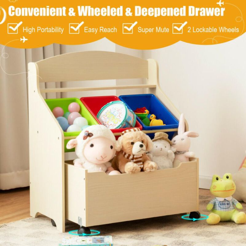Hivvago Kids Wooden Toy Storage Unit Organizer with Rolling Toy Box and Plastic Bins