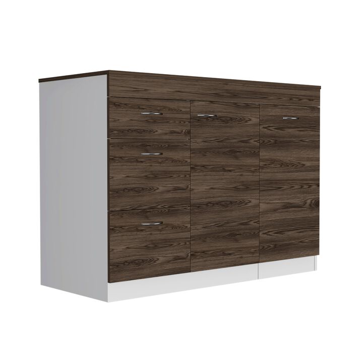 Grecia Kitchen & Dining room Base Cabinet,Three Drawers, Two Internal Shelves -White / Dark Walnut