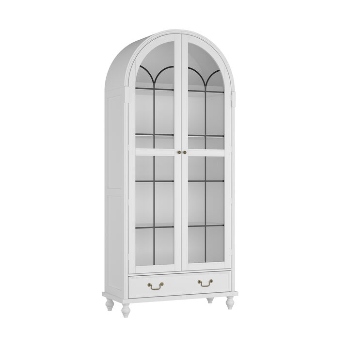 FUFU&GAGA Modern Display Storage Cabinet with 2 Glass Doors, 1 Drawer & Retro Handles, Solid Painted Wood Legs, Elevated Base, (34.6 in. W x 15.7 in. D x 77.2 in. H), White