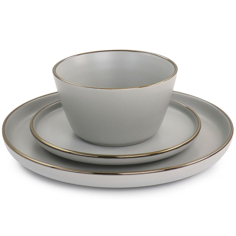 Elama Louis 16 Piece Stoneware Dinnerware Set in Matte Slate with Gold Rim
