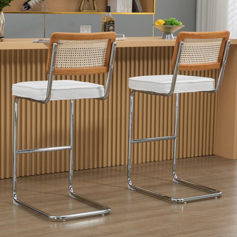 Glamour Home Set of 2 White Boucle Fabric Bar Stool Rattan Backrest and Silver Steel Legs
