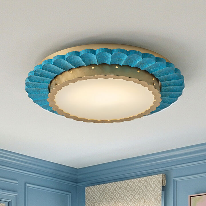 19.7" Coastal Gold Integrated LED Dimmable Flush Mount Ceiling Light with Teal Pleated Design for Bedroom, Dining Room or Entryway