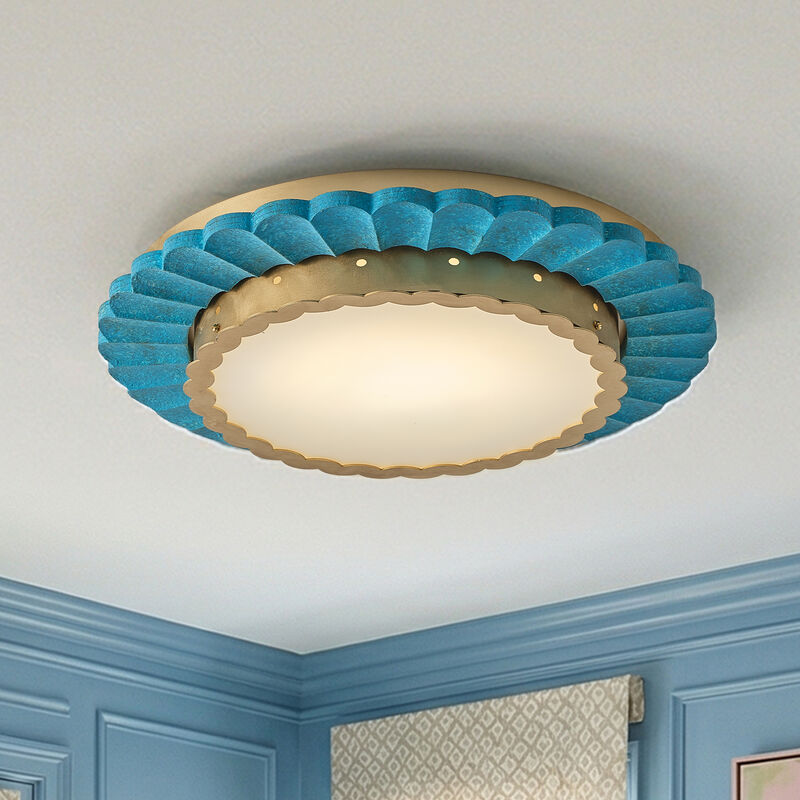 19.7" Coastal Gold Integrated LED Dimmable Flush Mount Ceiling Light with Teal Pleated Design for Bedroom, Dining Room or Entryway image number 1