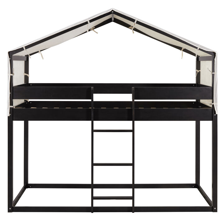 Whisen Twin Over Twin Wood Bunk Bed with Tent, Solid Wood House Design Lounge Bed with Semi-Enclosed Play Space for Kids Bedroom