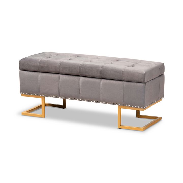 Baxton Studio Ellery Luxe and Glam Grey Velvet Fabric Upholstered and Gold Finished Metal Storage Ottoman