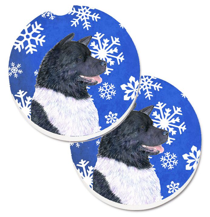 Caroline's Treasures Akita Winter Snowflakes Holiday Set of 2 Cup Holder Car Coasters SS4659CARC, 2.56, Multicolor
