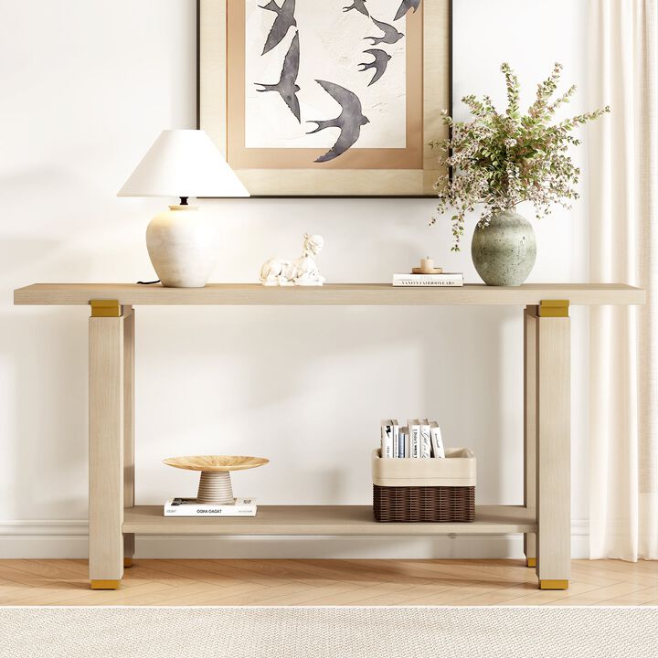 62.9" Modern Minimalist Console Table, Solid Wood Entryway Sofa Table with Metal Accents, Built-in Shelf, for Living Room, Hallway