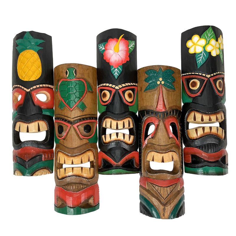 Set of 5 Colorful Tropical Polynesian Style Wooden Tiki Wall Masks 20 Inch image number 5