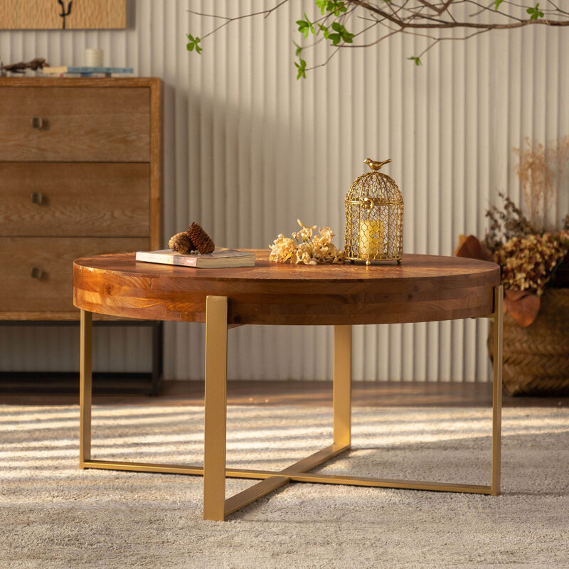 33.86"Modern Retro Splicing Round Coffee Table, Fir Wood Table Top with Gold Cross Legs Base(Same SKU:W236)