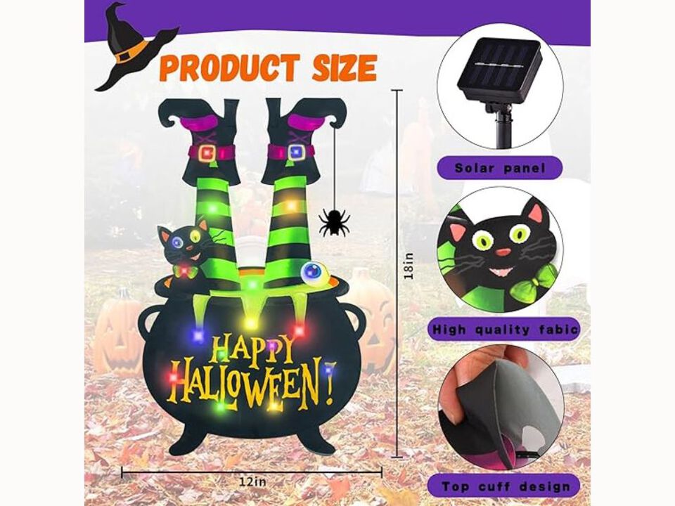 12×18 Halloween Lighted Garden Flag – Solar LED with Witch Feet, Cauldron & Black Cat, 8 Modes, Double-Sided for Porch & Yard Decor