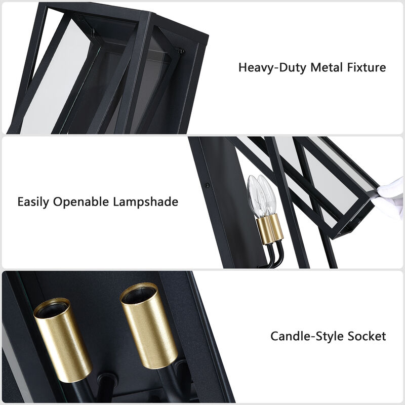 2-Pack 15 in. Traditional Farmhouse Sand Black and Gold 2-Light Outdoor Wall Lanterns with Clear Glass image number 4
