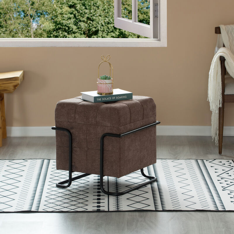 Square Fabric Storage Ottoman with Black Metal Frame, Yellow