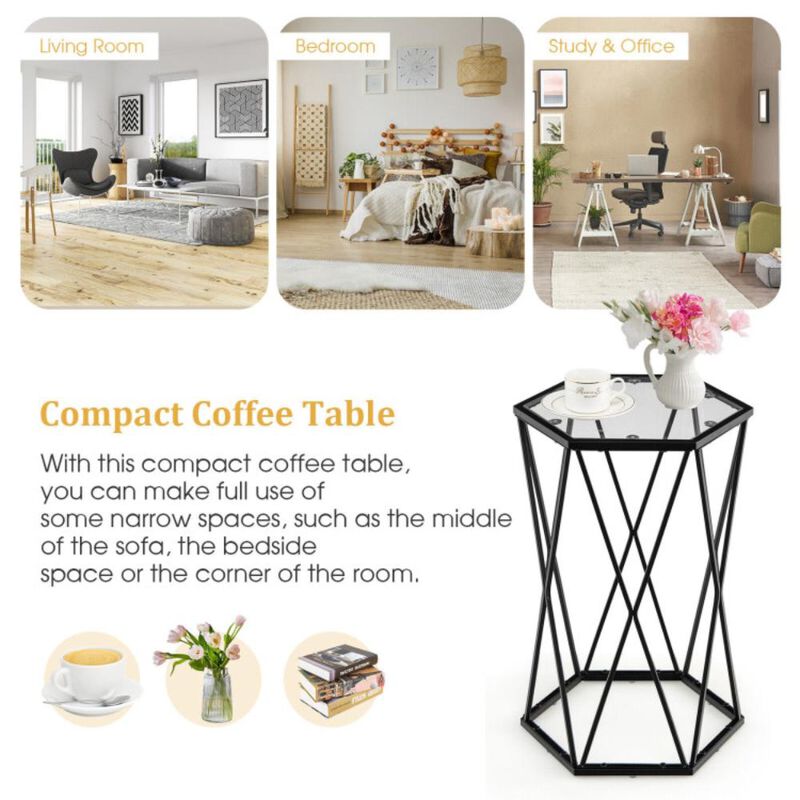 Hivvago Hexagonal Accent End Table with Tempered Glass Top and Metal Frame