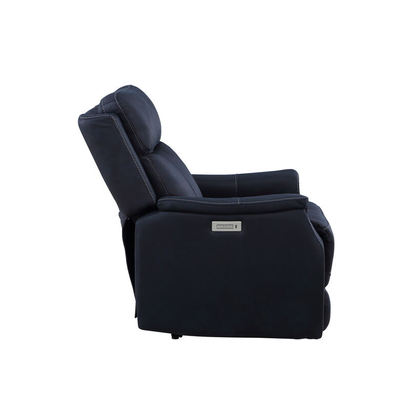 Clean Contemporary Dual-Power Recliner - Ocean Blue Leatherette, Power Footrest, Power Headrest - Easy-Care and Convenience
