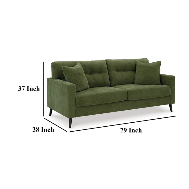 Bixy Sofa, 2 Accent Throw Pillows, 79 Inch Green Tufted Polyester - Benzara