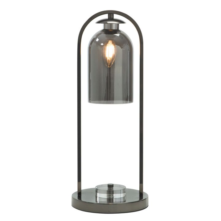 21 Inch Table Lamp, Cylinder Glass Shade, Round Base, Rustic Nickel Gray-Benzara