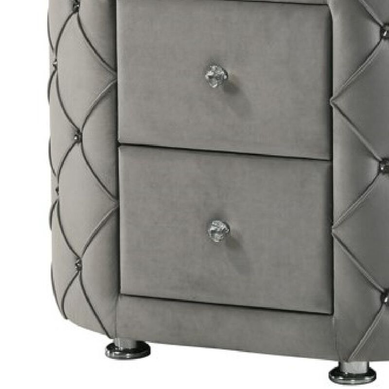 Jill 29 Inch Oval Nightstand, Tufted Velvet Upholstery, 2 Drawers, Grey-Benzara