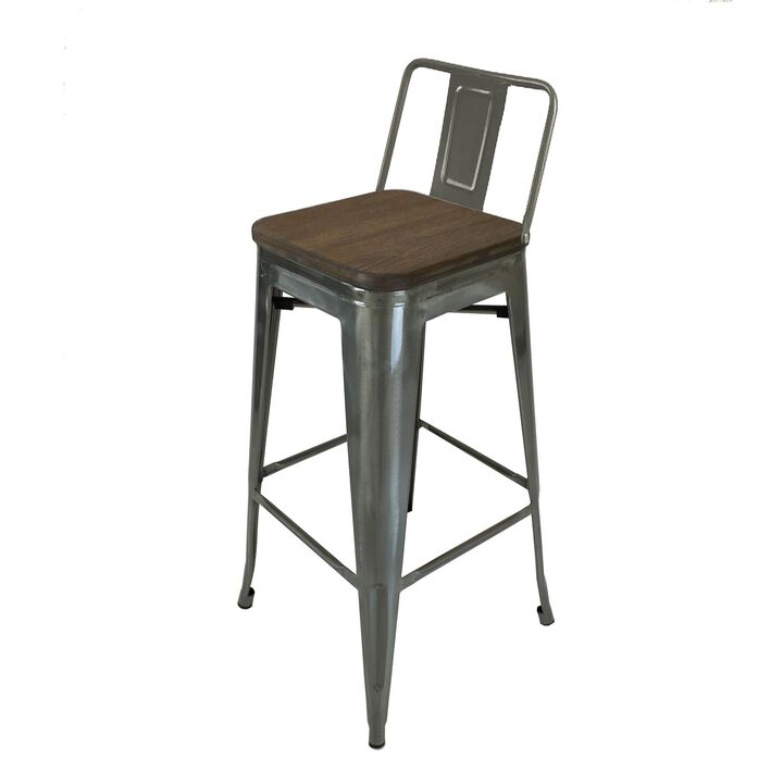 Trace 30 Inch Barstool Chair, Set of 4, Low Back, Wood Seat, Light Gray Metal - Benzara