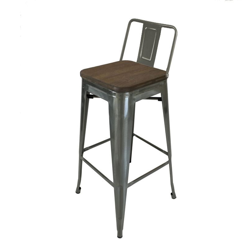 Trace 30 Inch Barstool Chair, Set of 4, Low Back, Wood Seat, Light Gray Metal - Benzara