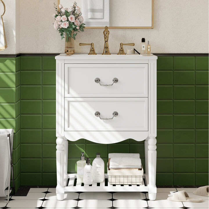 ELEMENT ACE 24 Inch Bathroom Vanity with Ceramic Sink, Bathroom Storage Cabinet with Two Soft-Close Drawers and Open Shelf, Vintage Elegant Wave Design for Bathroom Use