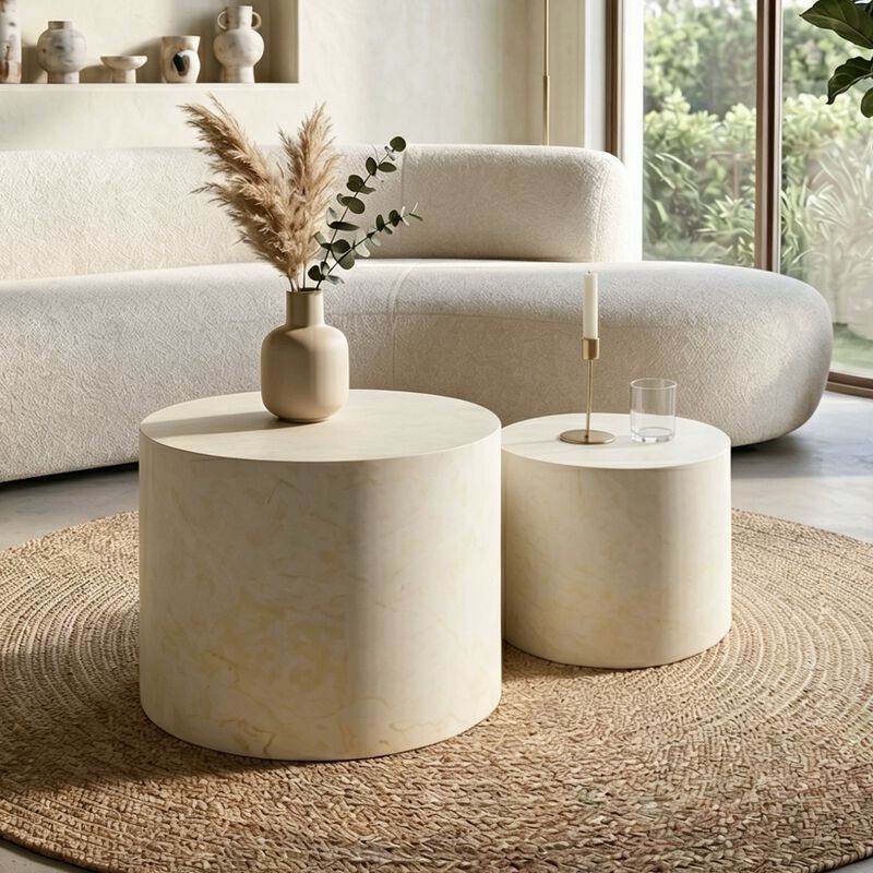 Modern Round Drum Nesting Coffee Table Set of 2, Wooden Cylinder Coffee Tables for Living Room, Space-Saving Design image number 3
