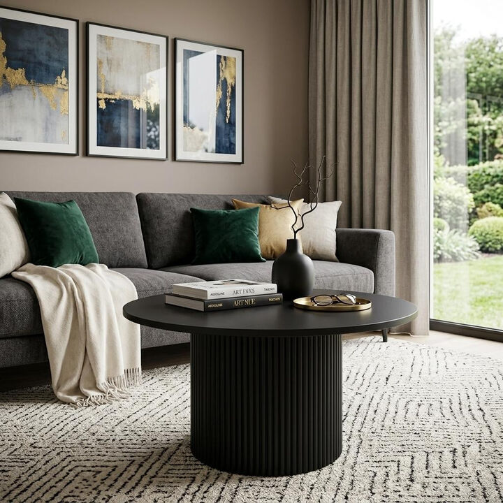HomeRoots 36" Black Solid Wood Round Pedestal Coffee Table