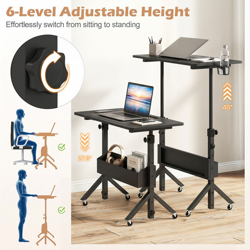 Mobile Rolling Standing Desk with Adjustable Height Cup Holder and Storage Basket image number 7