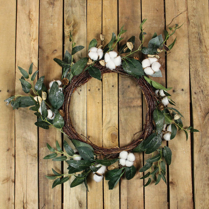 White Cotton Flowers with Foliage Spring Twig Wreath  18-Inch  Unlit