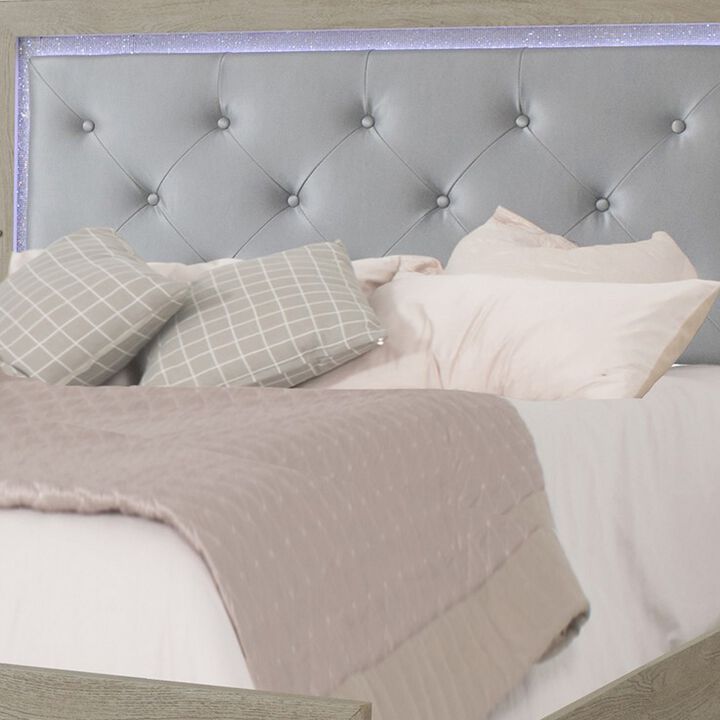 Ancy Queen Size Bed, Tufted and Upholstered Headboard, Light Gray Finish - Benzara