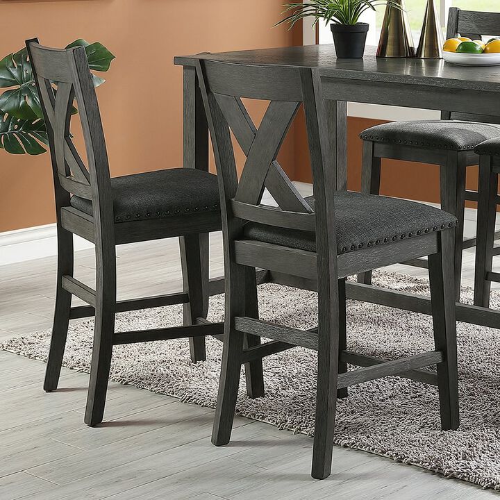 Simple Relax Linen-Fabric and Wood Counter Hight Chairs With X-Cross Back, Dark Grey