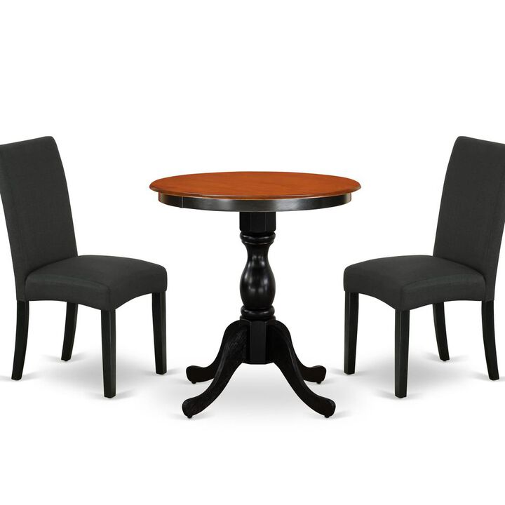 East West Furniture 3-Piece Dinner Table Set Consist of Wood Dining Table and 2 Black Linen Fabric Parson Chairs with High Back - Black Finish