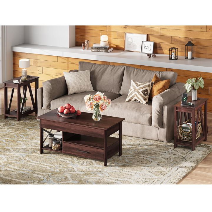 WLIVE Narrow End Table Set of 2 with Charging Station, Sofa Side Tables Living Room with Open Storage Shelf, Slim Farmhouse End