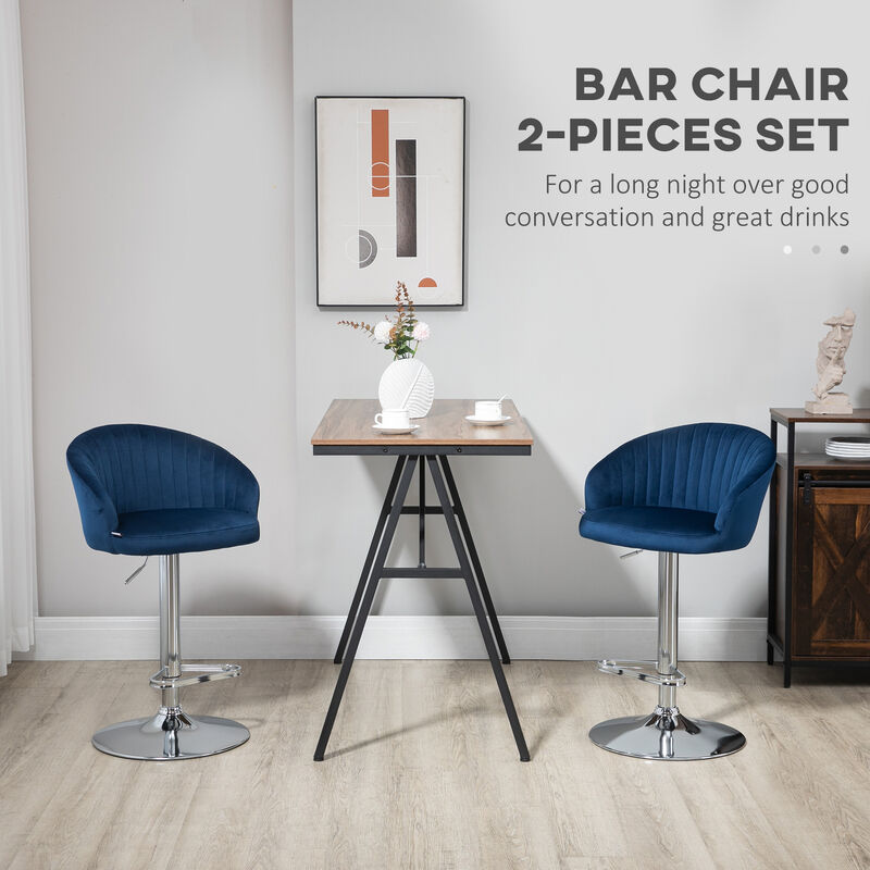 HOMCOM Adjustable Bar Stools Set of 2, Modern Counter Height Barstools, Velvet Fabric Upholstered Kitchen Stools with Swivel Seat, Steel Frame, Footrest, Blue