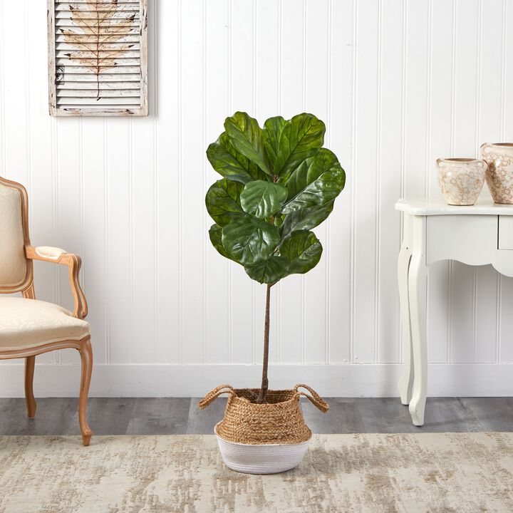 HomPlanti 4 Feet Fiddle Leaf Artificial Tree in Boho Chic Handmade Cotton & Jute White Woven Planter UV Resistant (Indoor/Outdoor)