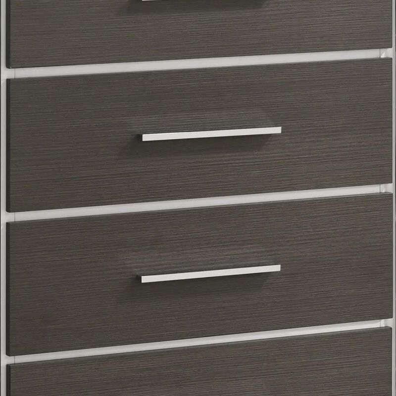 Hez Tall Dresser Chest, 5 Drawers, Silver Trim, Modern Dark Brown Finish