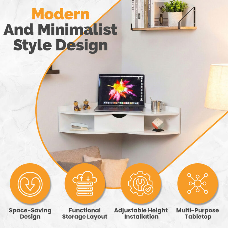 Basicwise Wall Mounted Folding Table with Drawer - Floating Space-Saving Solution for Home Office, Bedroom, Laundry Room - Hideaway Secretary, Shelves, Modern White, Compact Design, 23.5 x 33 x 7 in image number 2