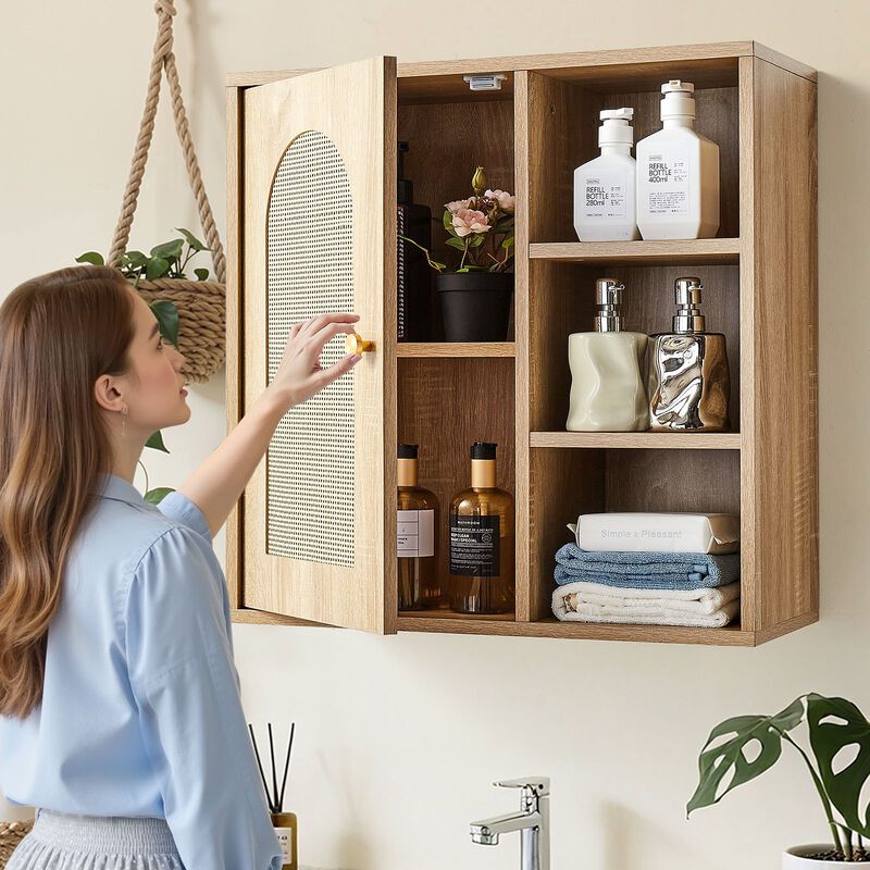 Wall Mounted Bathroom Cabinet with Door, Adjustable Shelves and Storage Organizer-Brown image number 1