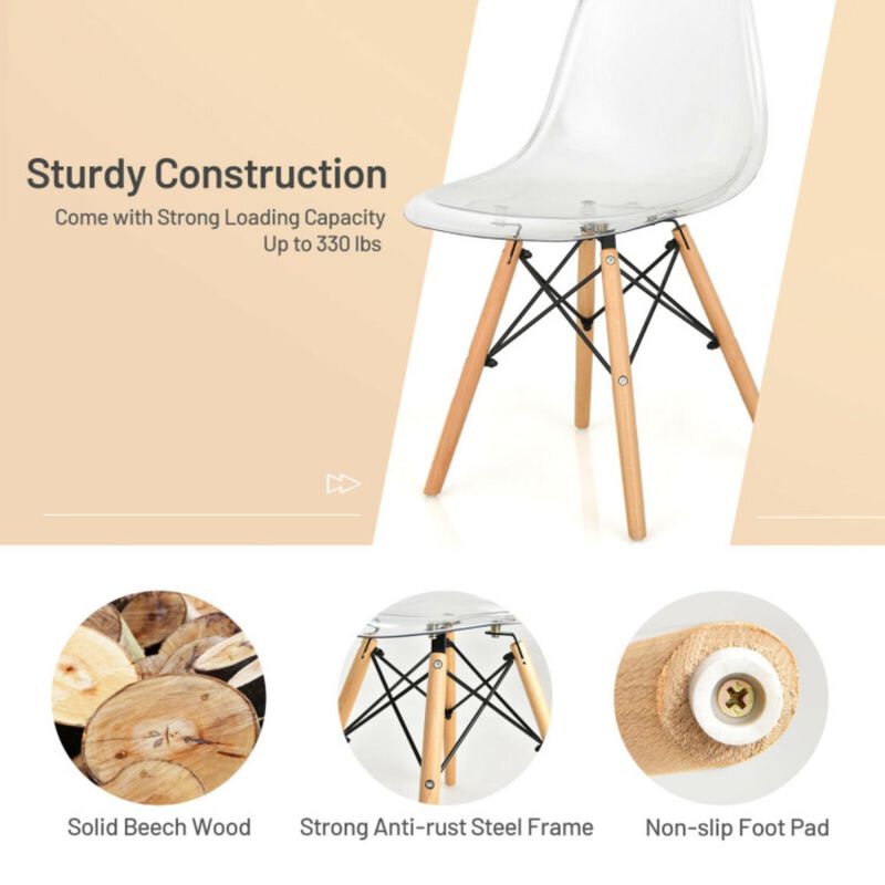 Hivvago Set of 4 Dining Chairs Modern Plastic Shell Side Chair with Clear Seat and Wood Legs