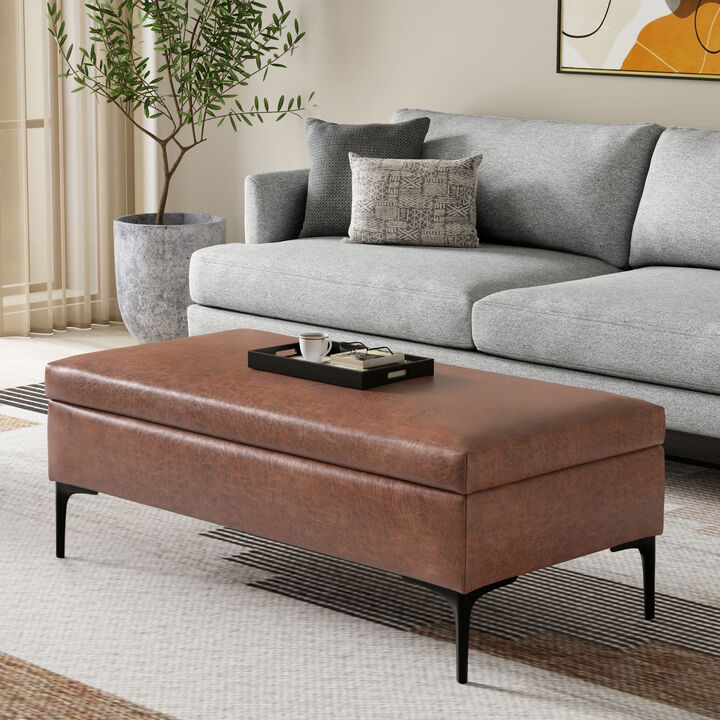 Rebecca 48 inch Wide Mid Century Modern Rectangle Large Coffee Table&nbsp;Storage Ottoman with Lift up Lid in Distressed Saddle Brown Faux Leather, Assembled