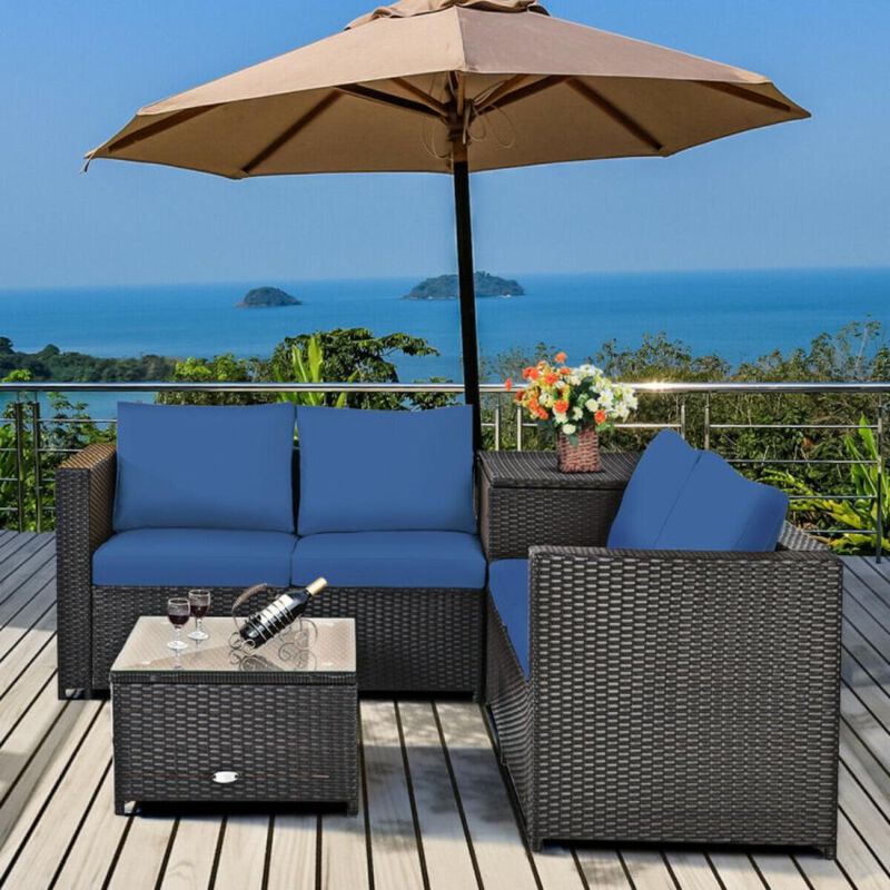 Hivvago 4 Pieces Outdoor Patio Rattan Furniture Set with Loveseat and Storage Box