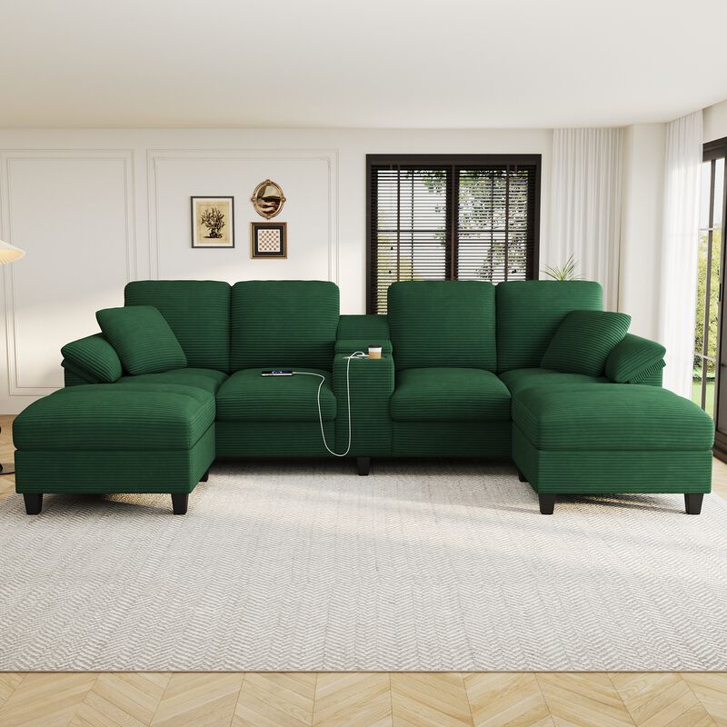 Merax Spacious U-Shaped Corduroy Sectional with Storage & Console image number 2