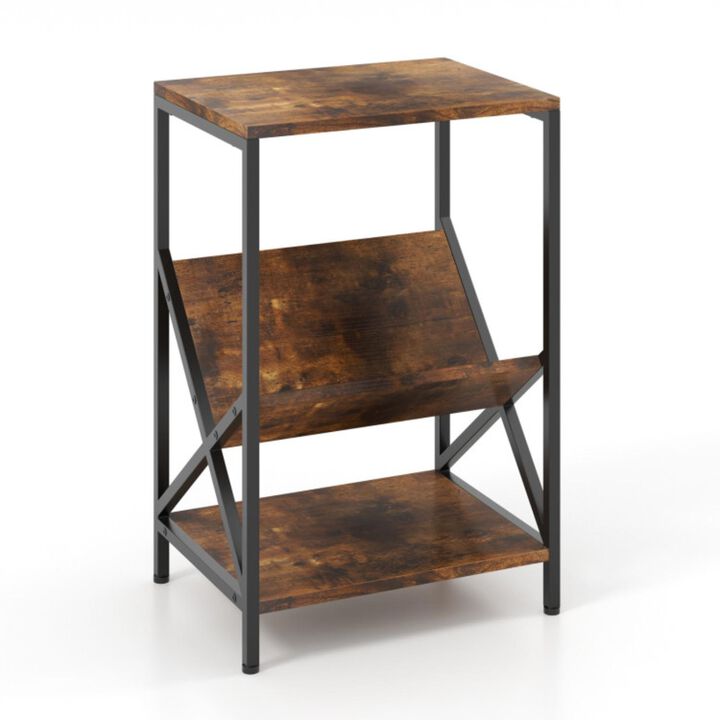 Hivvago 3-Tier Industrial Side Table with V-shaped Bookshelf for Living Room-Rustic Brown