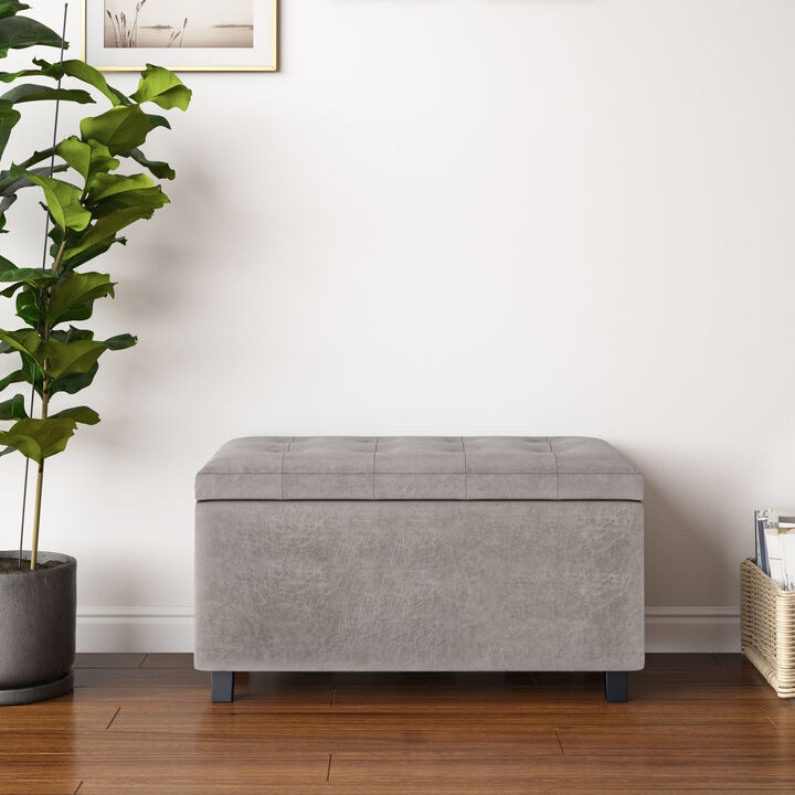 Cosmopolitan 34 inch Wide Transitional Rectangle Storage Ottoman in Distressed Grey Taupe Faux Leather
