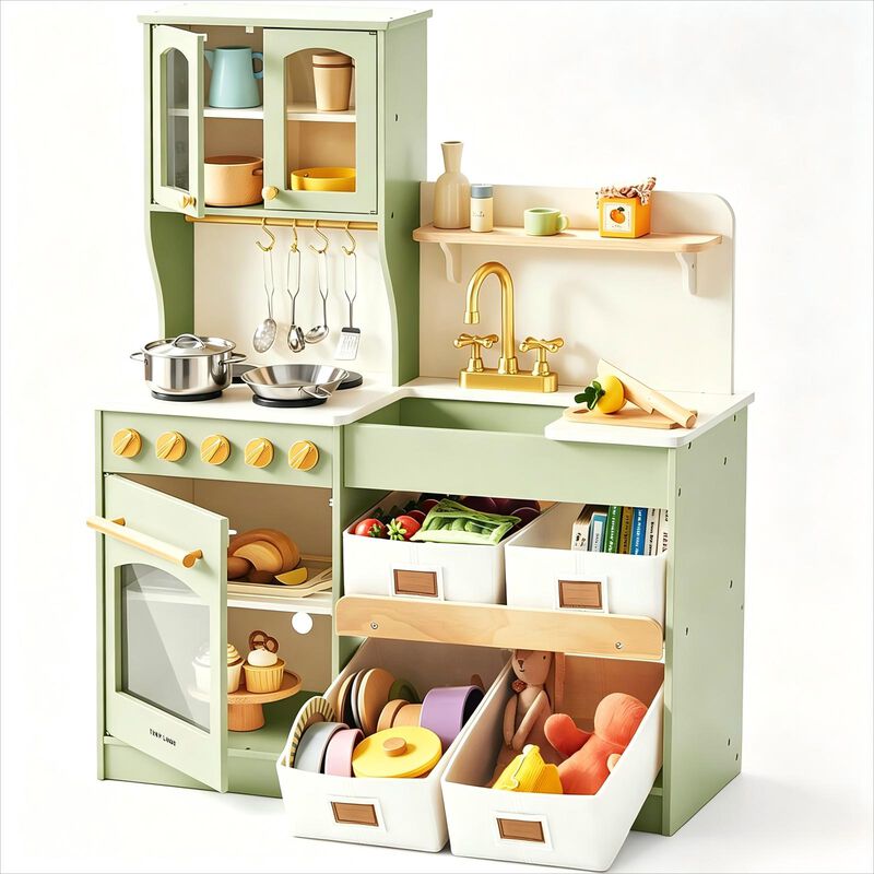 Wooden Play Kitchen with Toy Storage, Built-In Cabinets, Felt Bins & Cookware Accessories Make Cleanup Easy While Encouraging Organizational Skills image number 1
